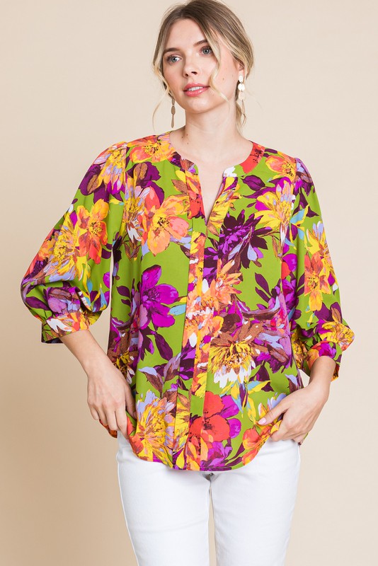 Floral Print 3/4 Peasant Sleeve Top