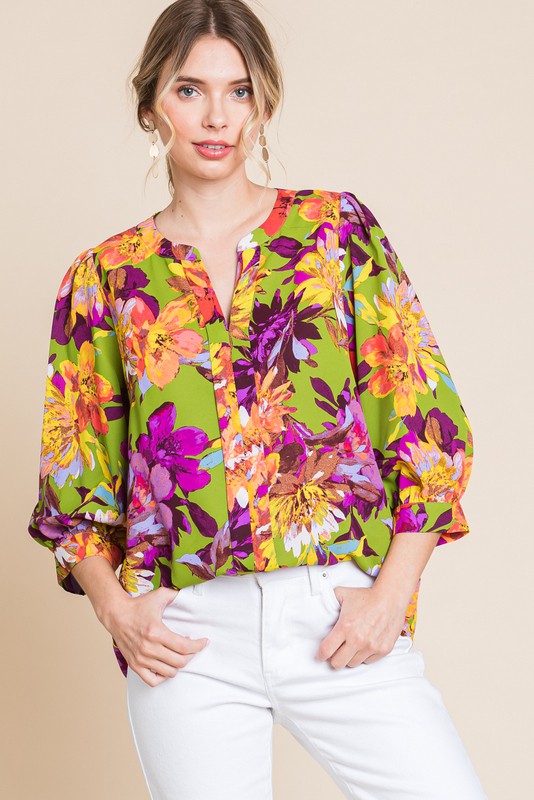 Floral Print 3/4 Peasant Sleeve Top