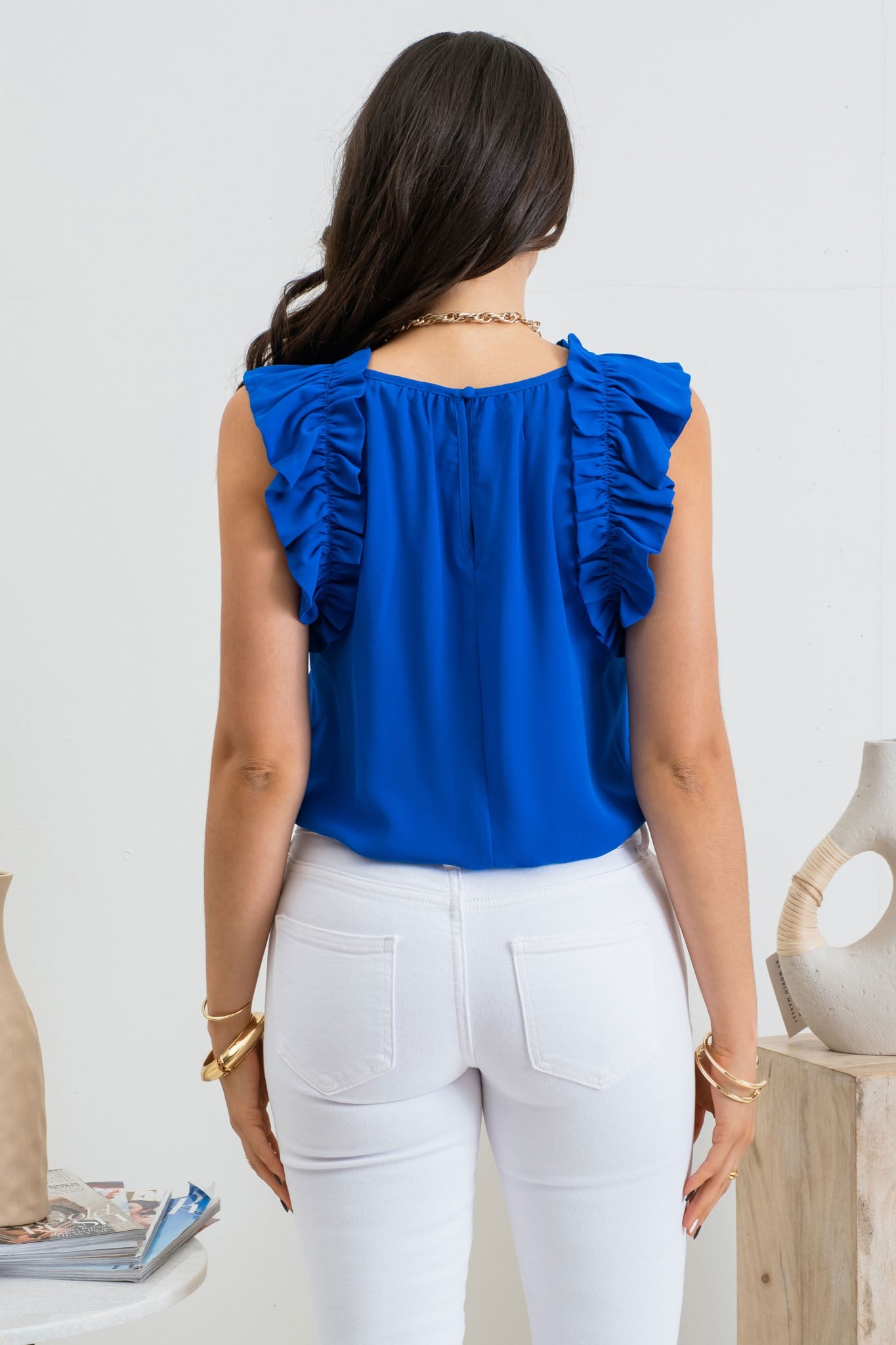 Ruffle Trim Sleeveless Blouse (Royal Blue)