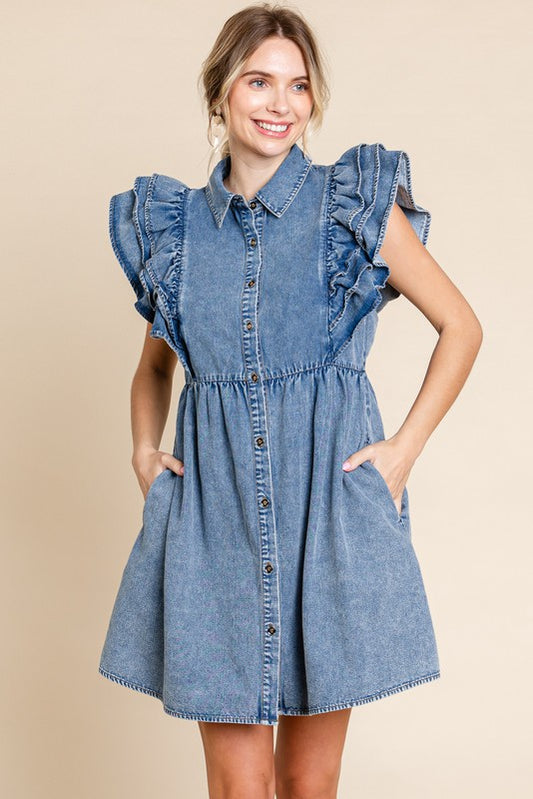 Ruffle Sleeve Denim Dress