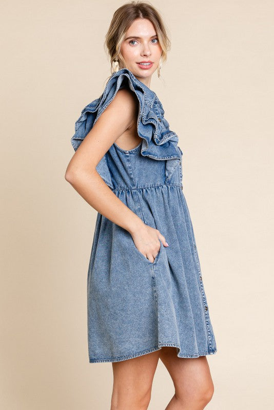 Denim dress ruffle sleeve hotsell