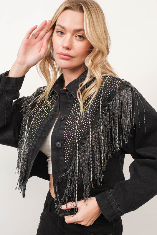 Crystal Studded Rhinestone Fringe Trim Denim Jacket