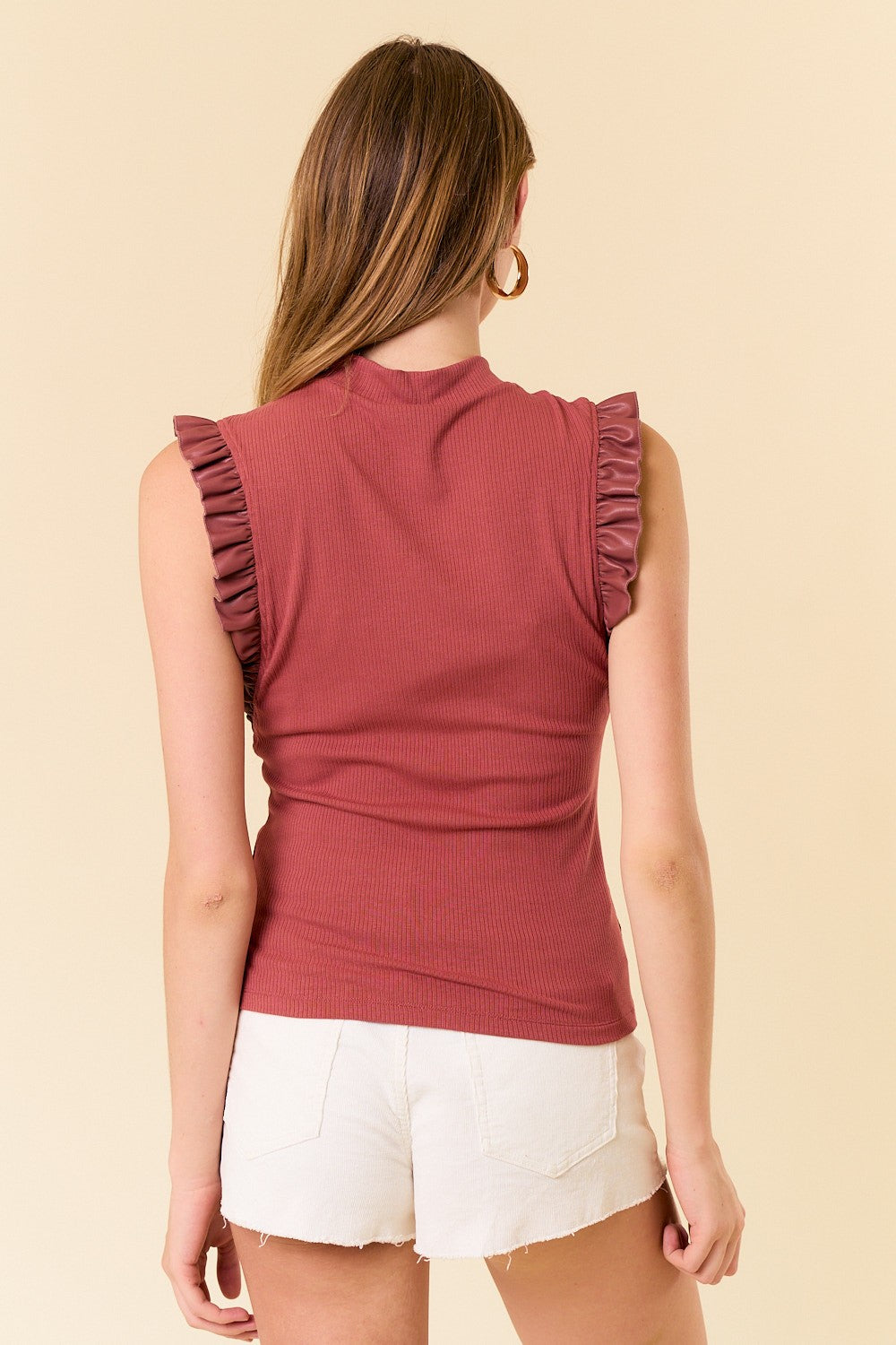 Faux Leather Trim Mock Neck Sleeveless Top (Rosewood)