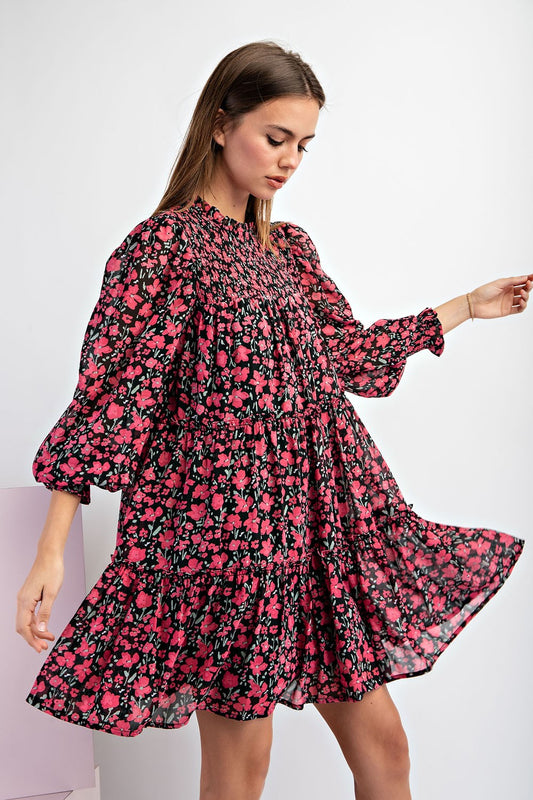 Smocked Top Long Sleeve Floral Print Babydoll Dress