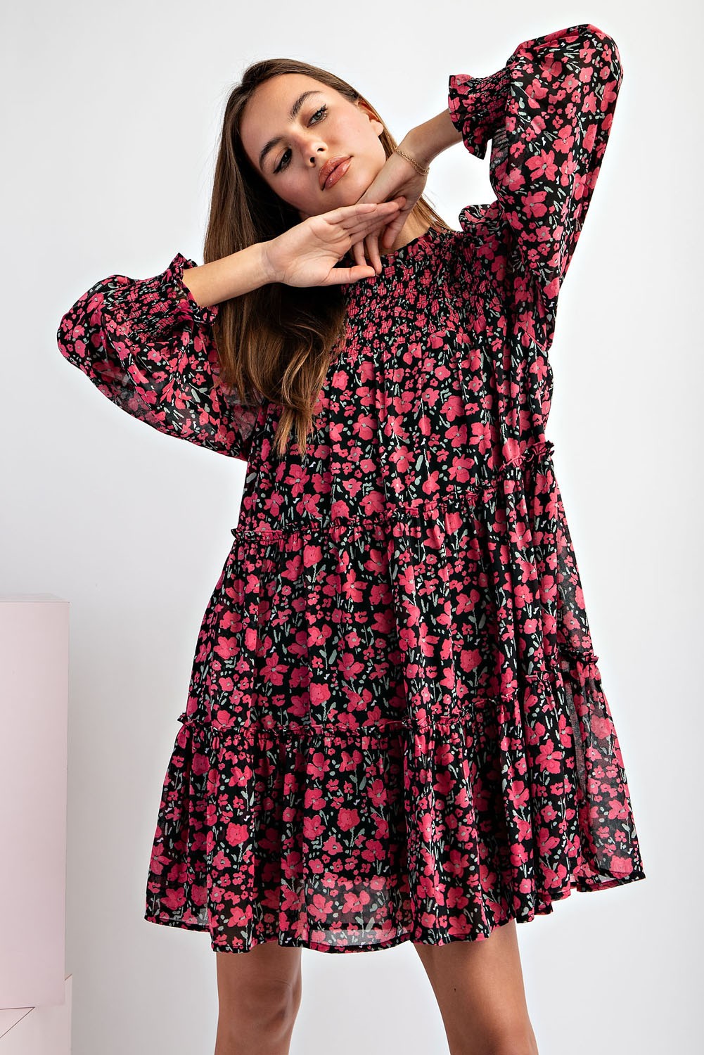 Smocked Top Long Sleeve Floral Print Babydoll Dress