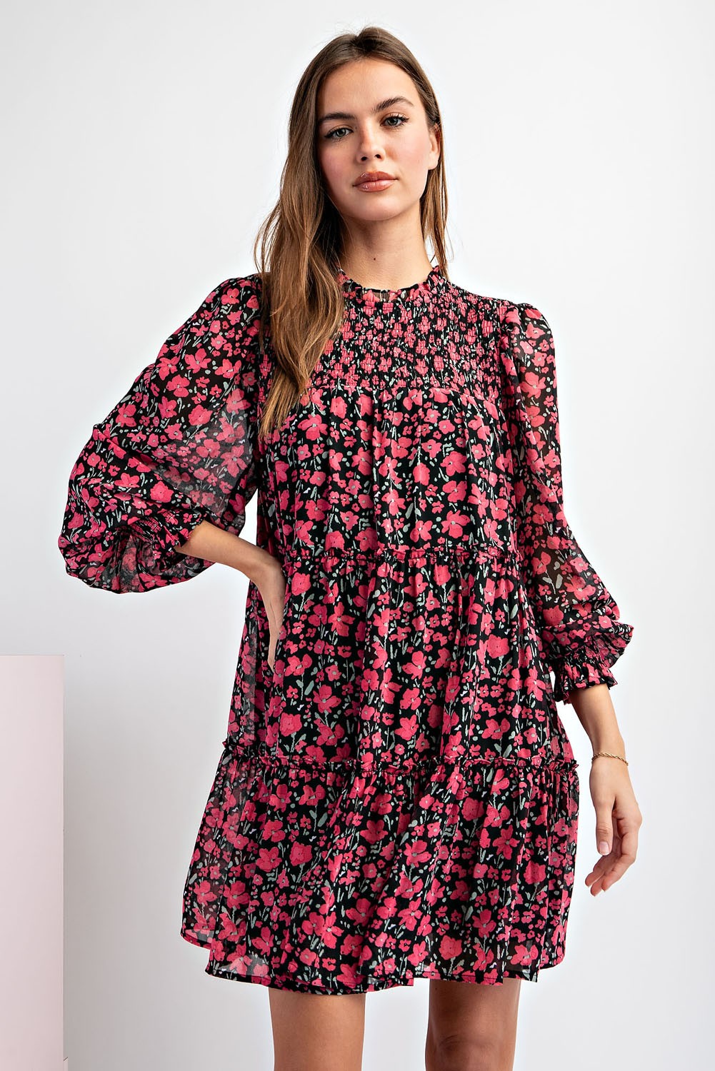 Smocked Top Long Sleeve Floral Print Babydoll Dress