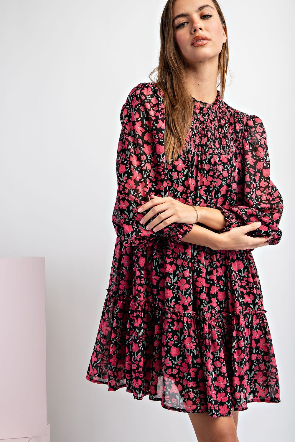 Smocked Top Long Sleeve Floral Print Babydoll Dress