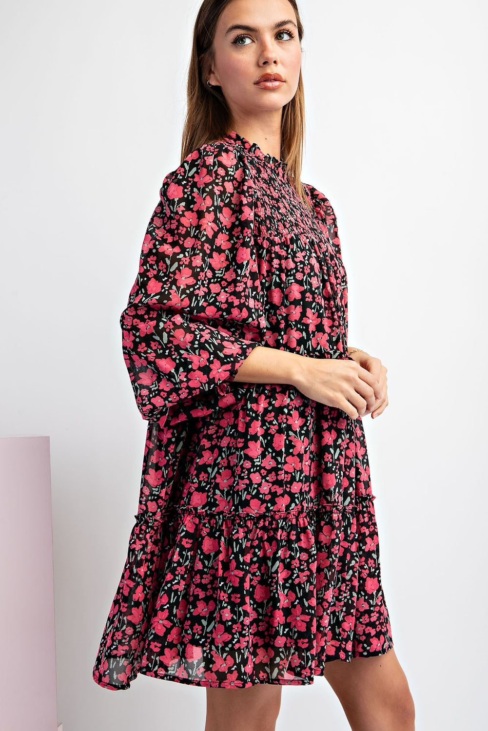 Smocked Top Long Sleeve Floral Print Babydoll Dress