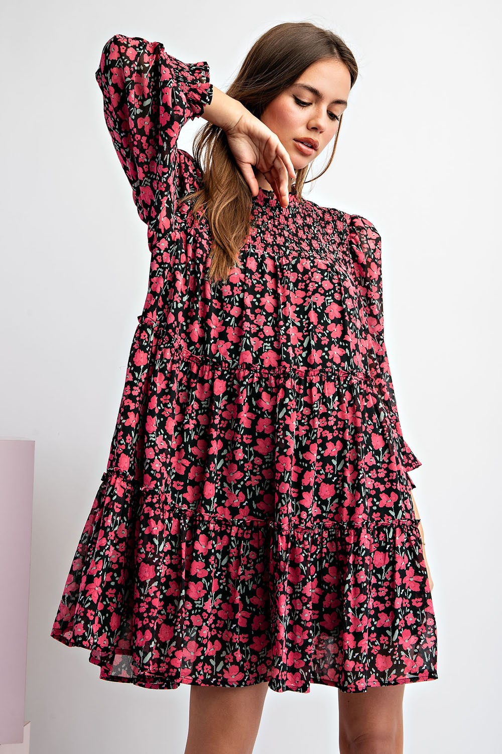 Smocked Top Long Sleeve Floral Print Babydoll Dress