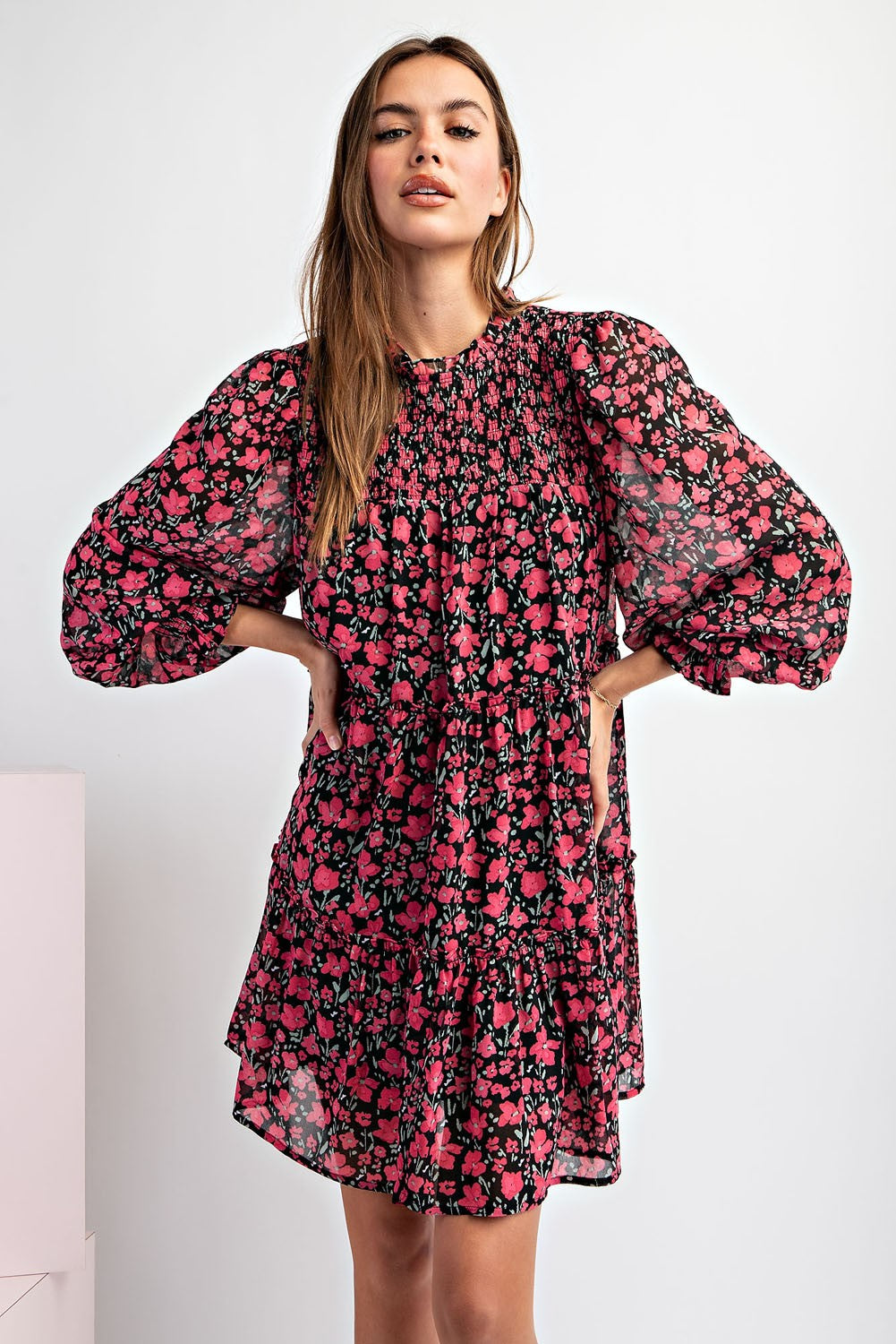 Smocked Top Long Sleeve Floral Print Babydoll Dress