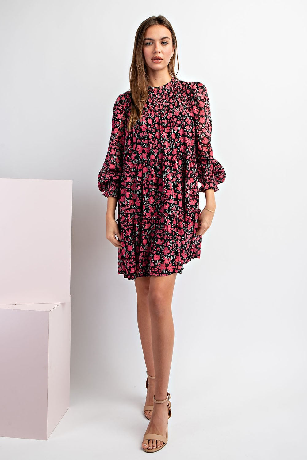 Smocked Top Long Sleeve Floral Print Babydoll Dress