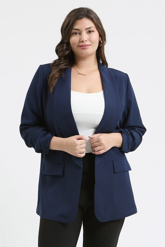 Ruched Sleeve Blazer (Plus Size - Navy)