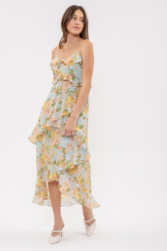 Ruffle Tiered Floral Print Midi Dress