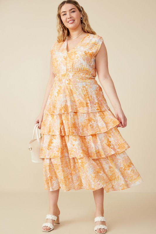 Orange Floral Sleeveless Maxi Dress (Plus Size)