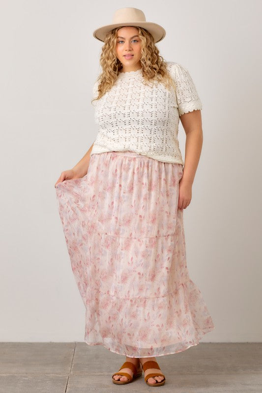 Floral Print Tiered Midi Skirt (Plus Size)