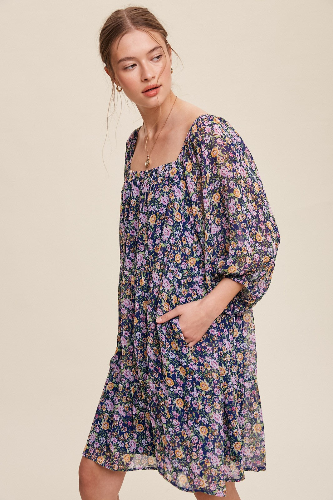 Flowy Square Neck Floral Print Chiffon Dress