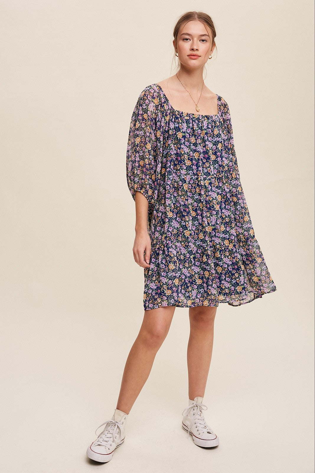 Flowy Square Neck Floral Print Chiffon Dress