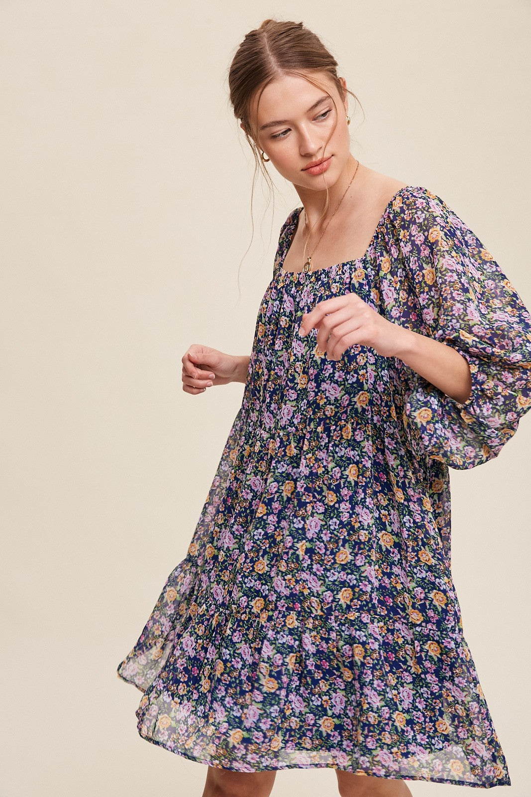 Flowy Square Neck Floral Print Chiffon Dress