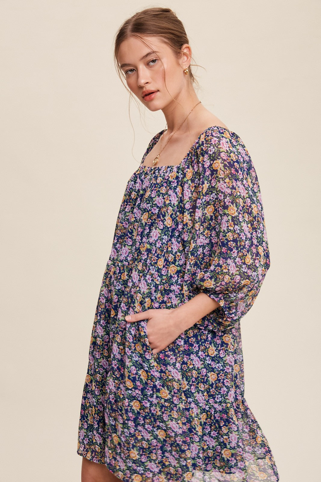 Flowy Square Neck Floral Print Chiffon Dress