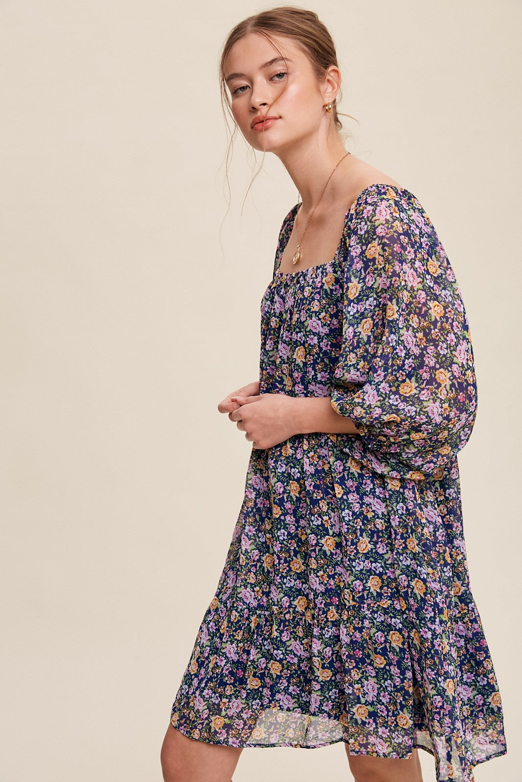 Flowy Square Neck Floral Print Chiffon Dress