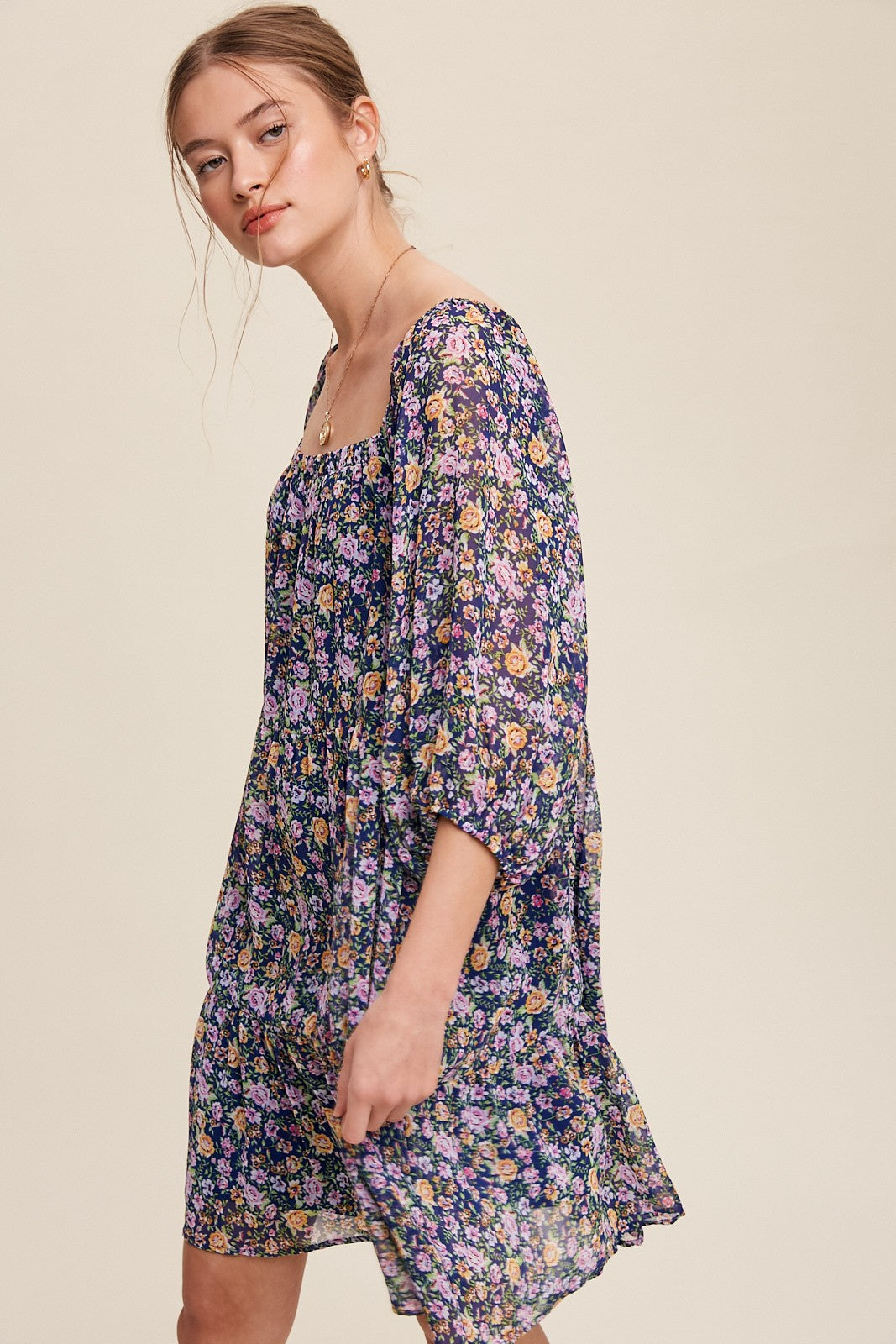 Flowy Square Neck Floral Print Chiffon Dress