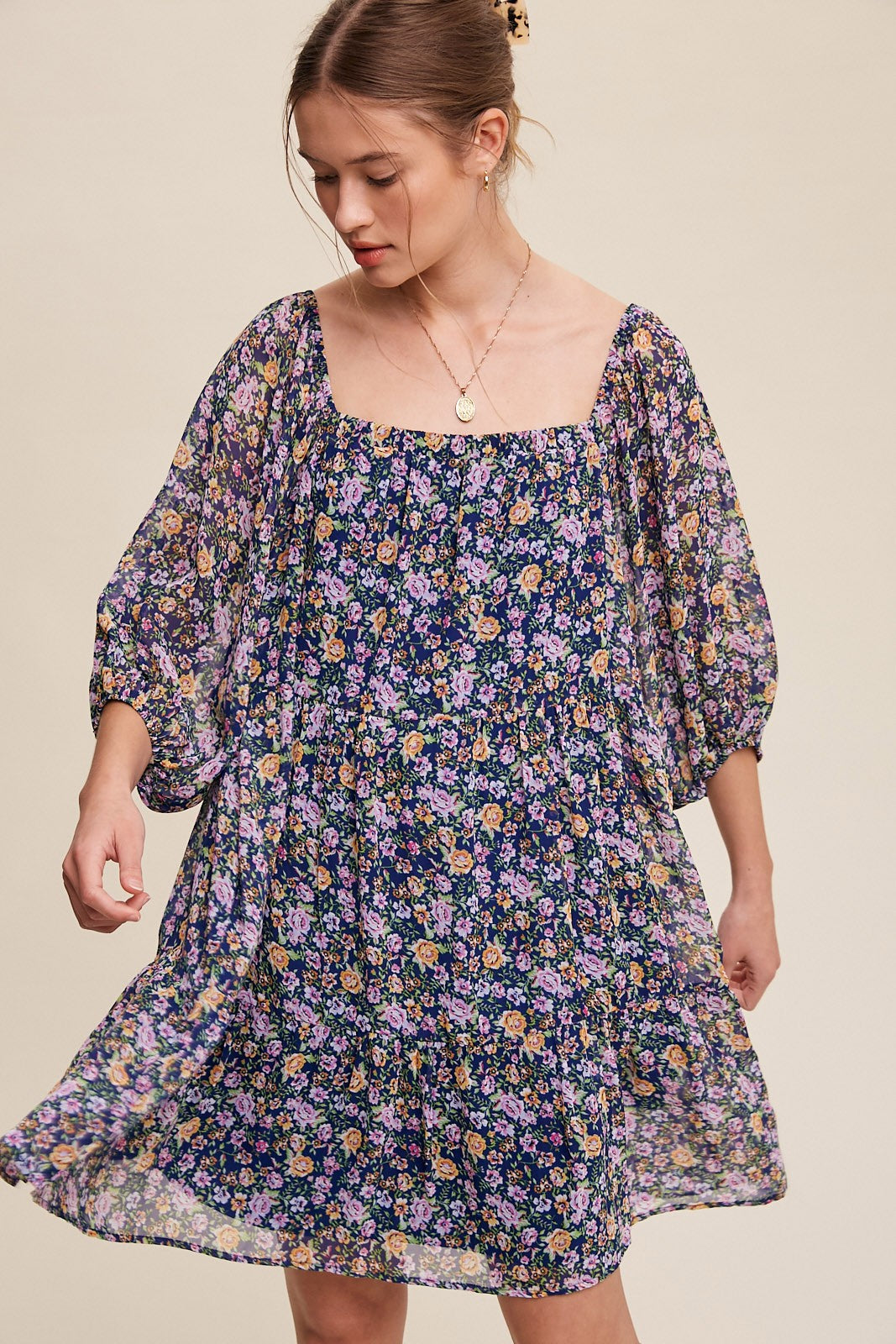 Flowy Square Neck Floral Print Chiffon Dress