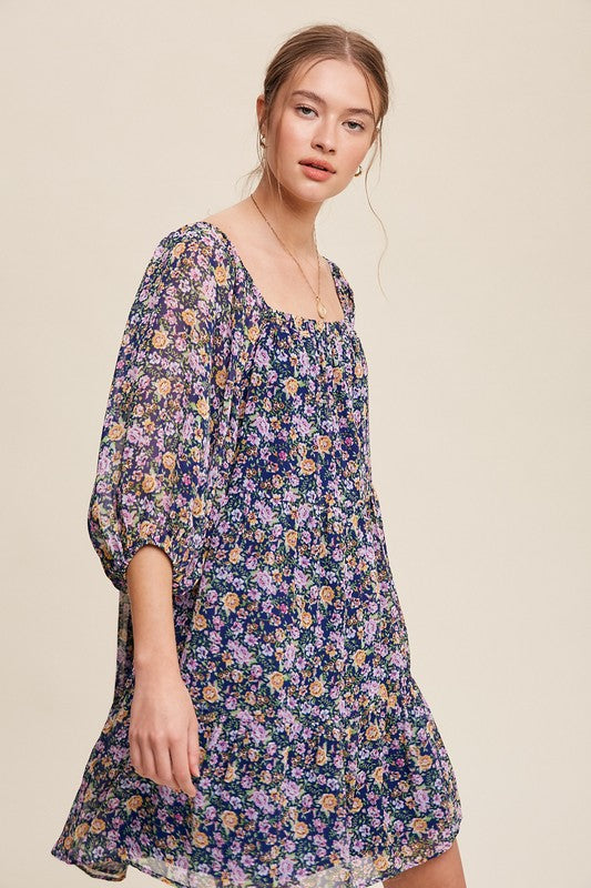 Flowy Square Neck Floral Print Chiffon Dress