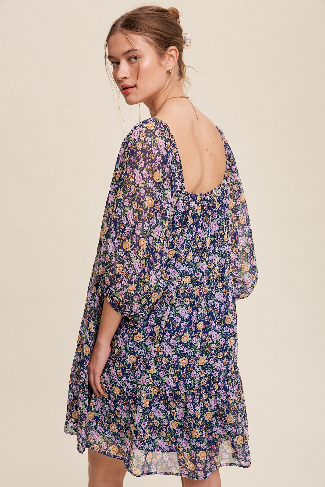 Flowy Square Neck Floral Print Chiffon Dress