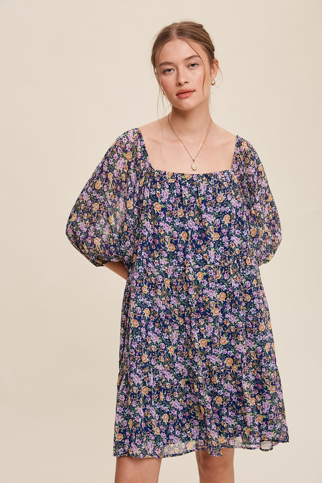 Flowy Square Neck Floral Print Chiffon Dress