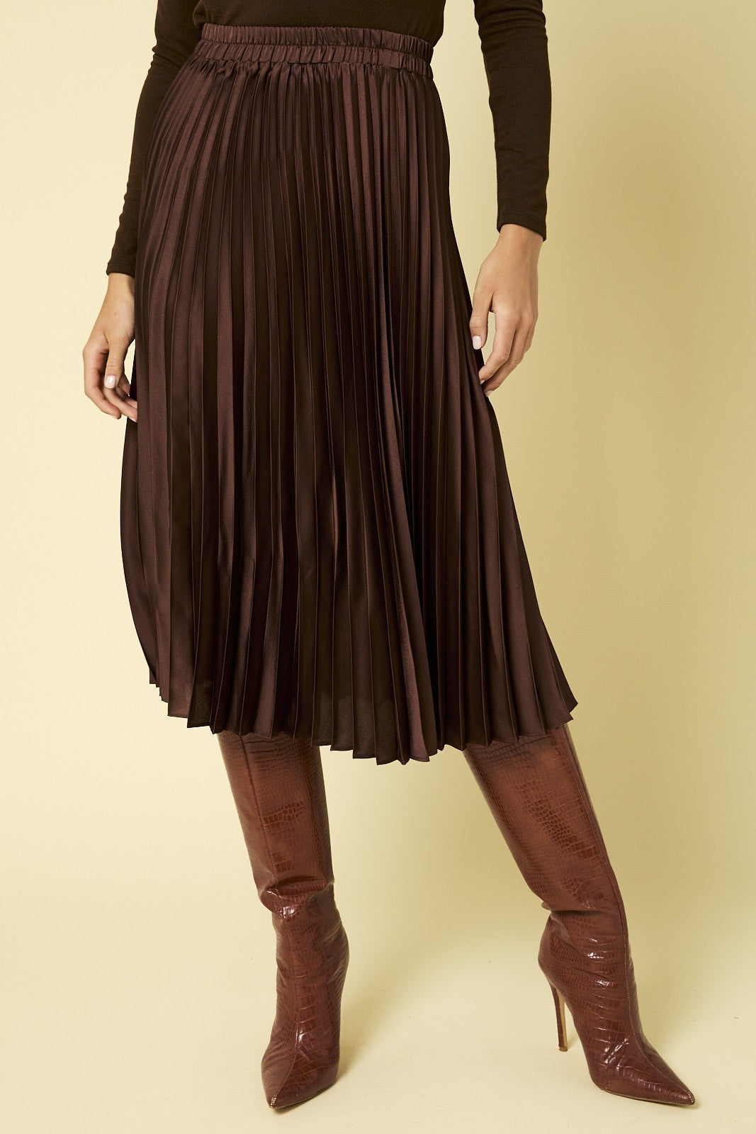 Pleated Elastic Waist Satin Skirt (Chocolate)