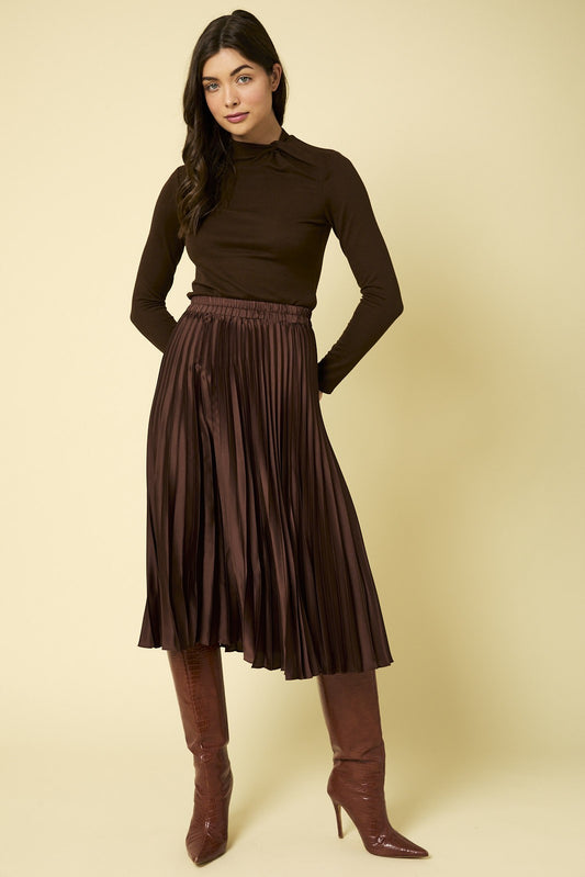 Pleated Elastic Waist Satin Skirt (Chocolate)