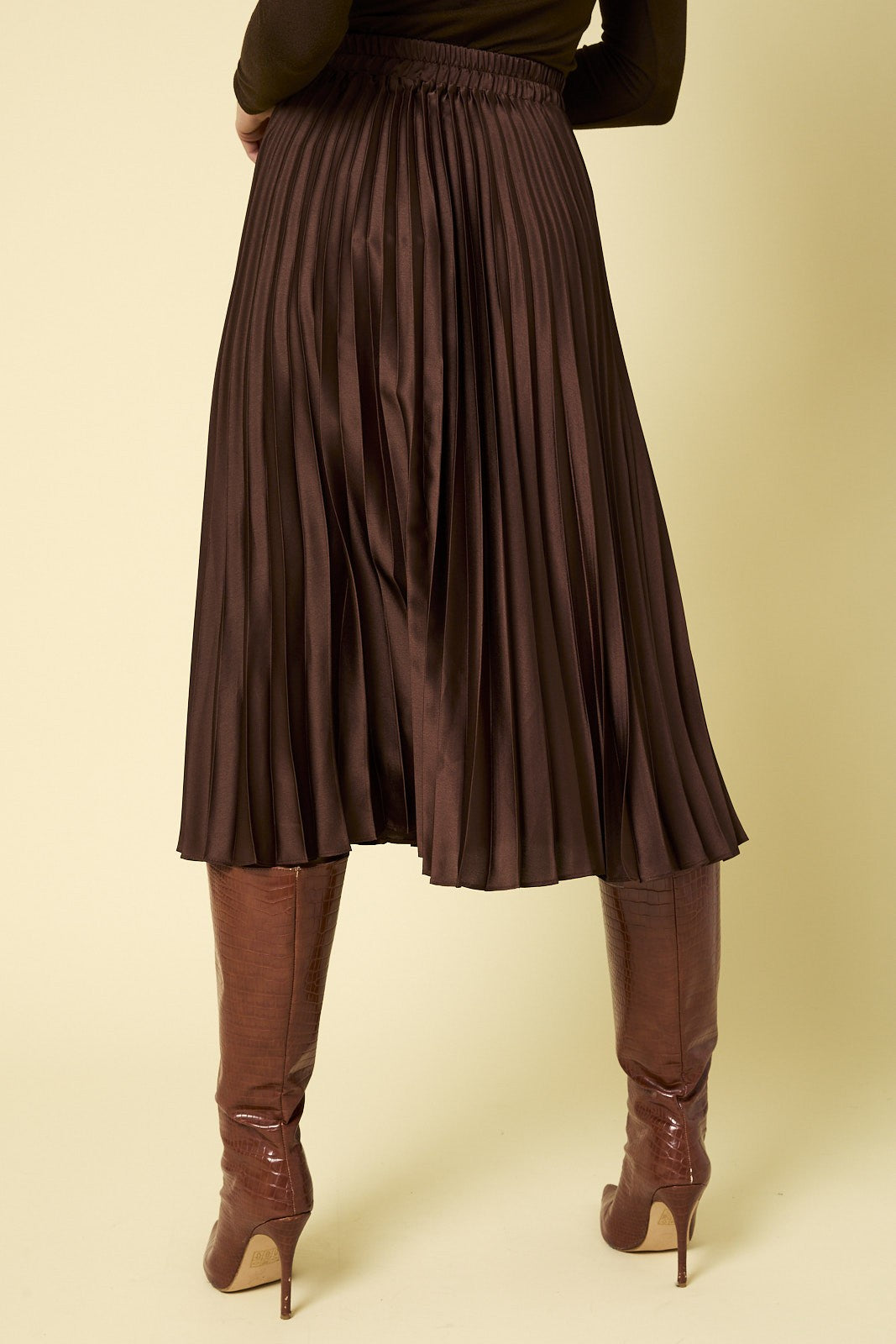 Pleated Elastic Waist Satin Skirt (Chocolate)