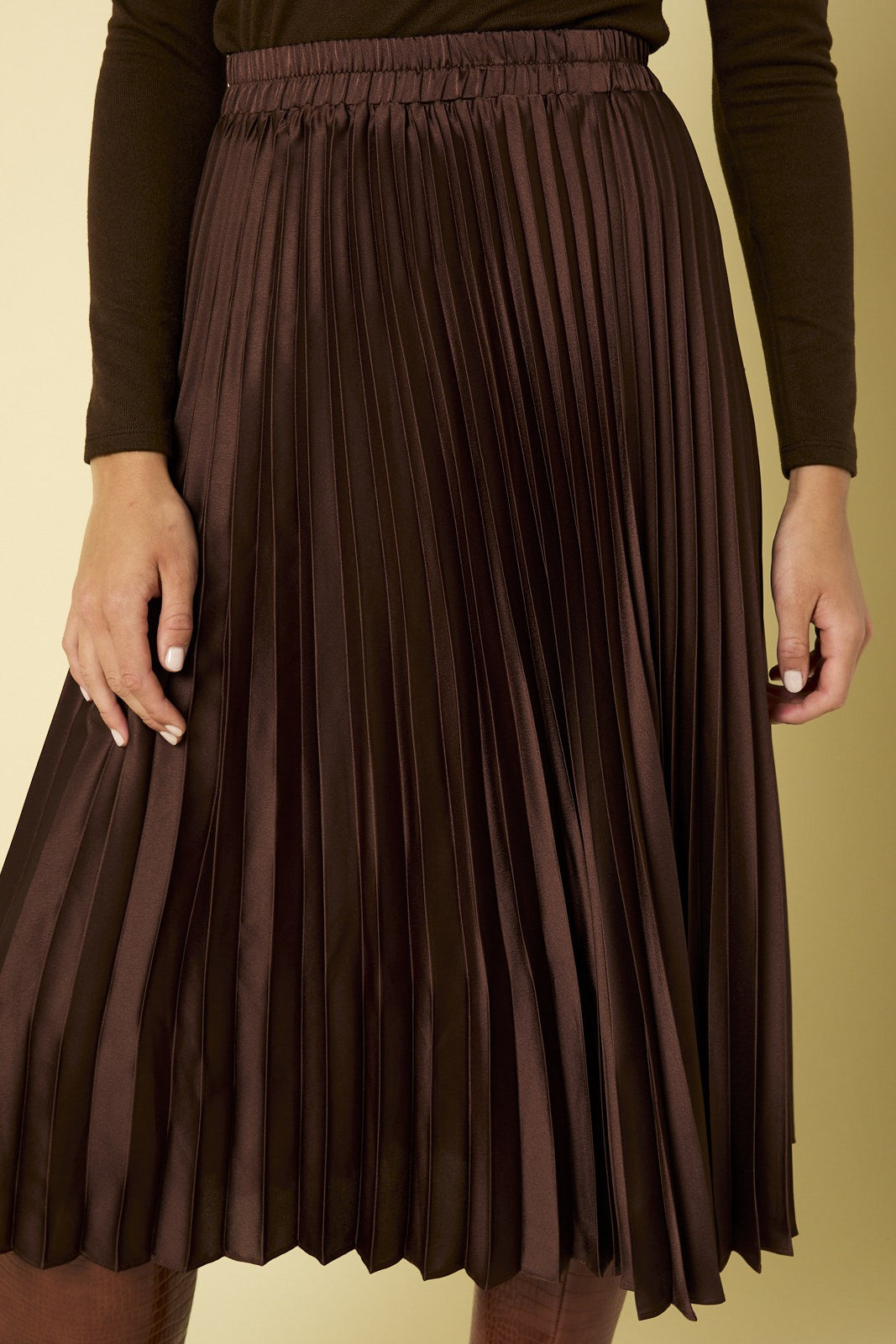 Pleated Elastic Waist Satin Skirt (Chocolate)