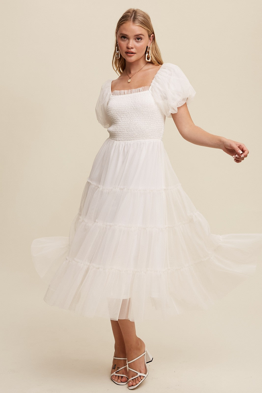 Smocked Puff Sleeve Tulle Midi Dress Small