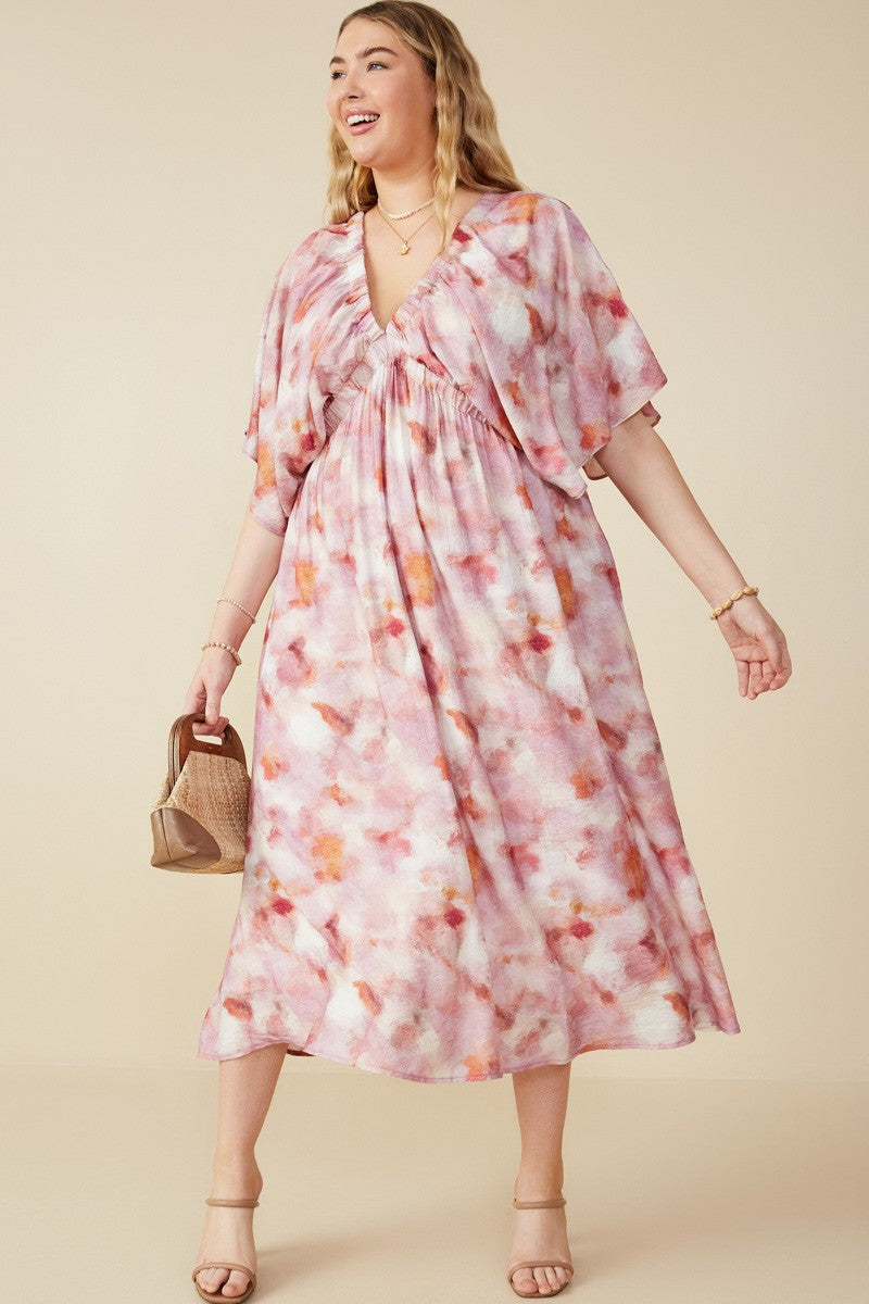 Hazy Floral Elastic Detail Dress (Plus Size)