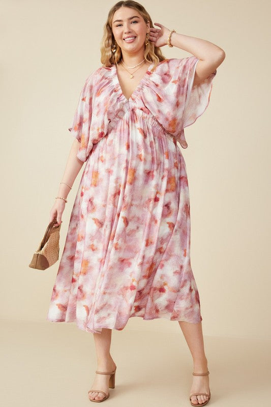 Hazy Floral Elastic Detail Dress (Plus Size)