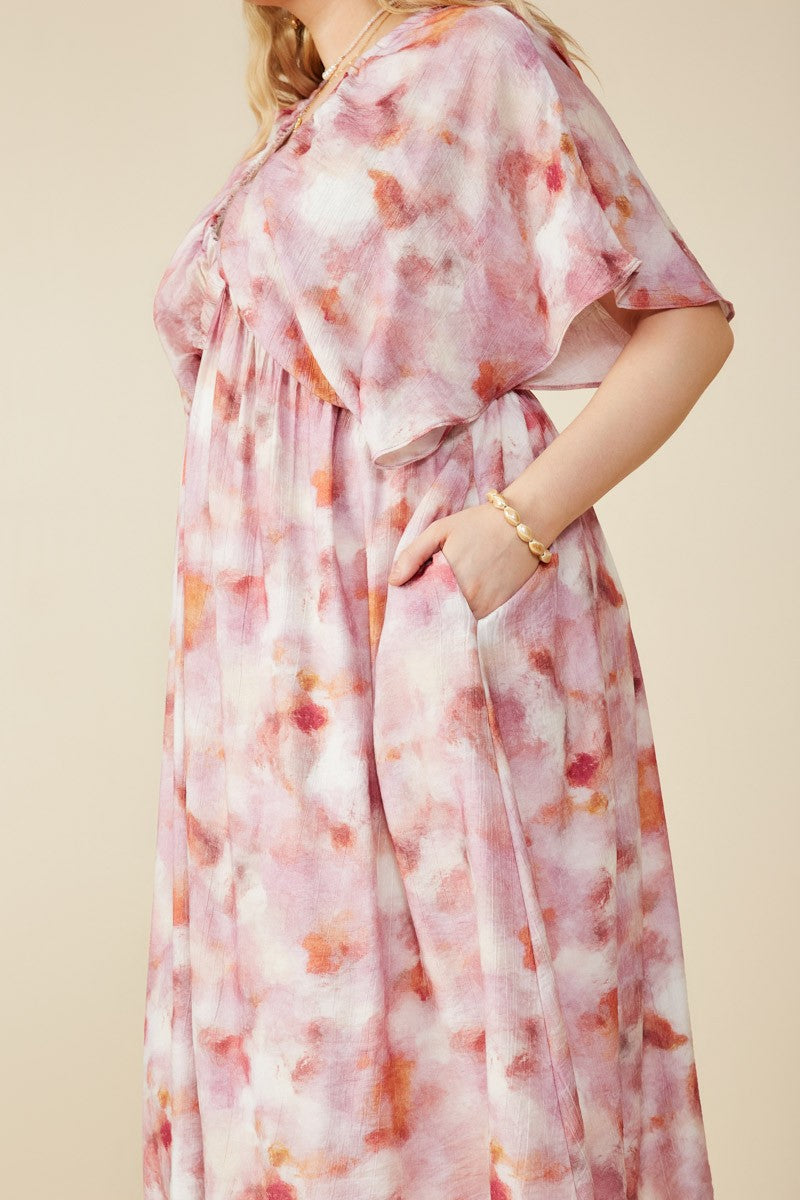 Hazy Floral Elastic Detail Dress (Plus Size)