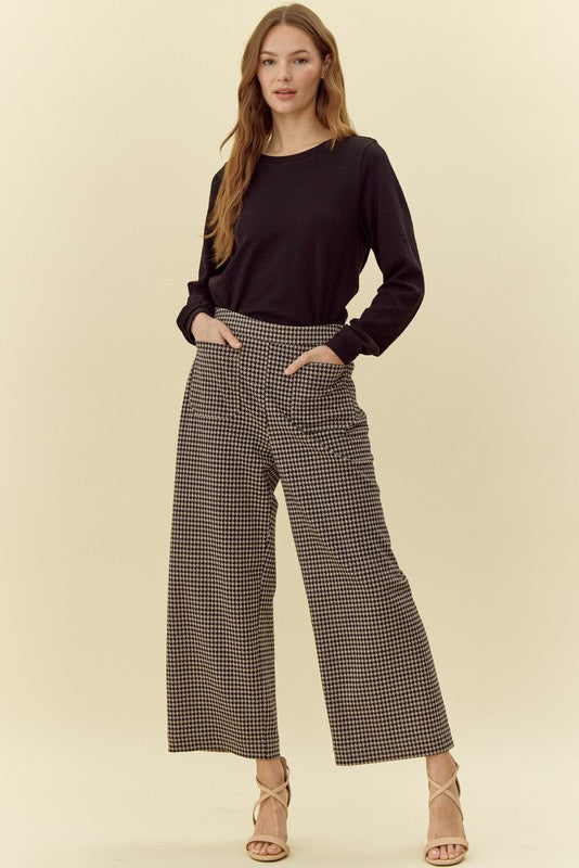 High Rise Front Pocket Wide Leg Houndstooth Pants (S - 3XL)