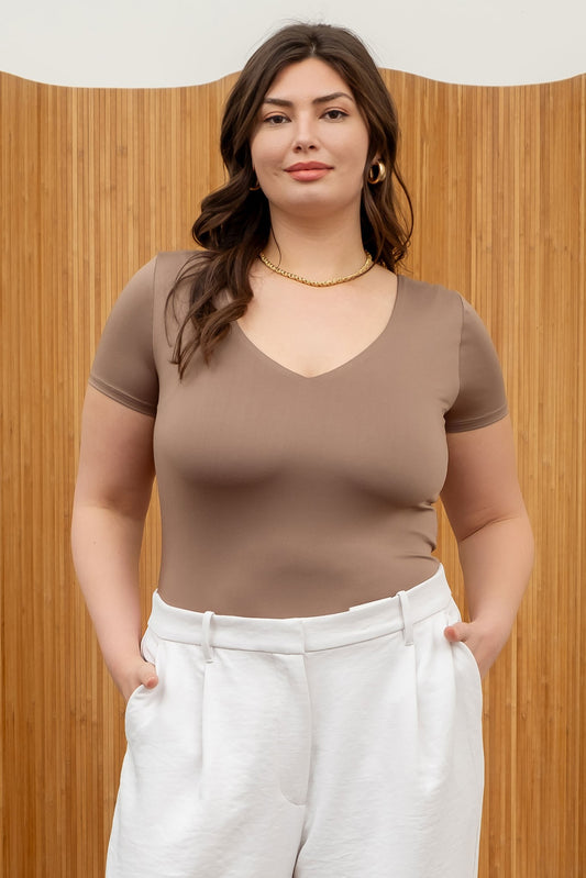 Short Sleeve Bodysuit (Plus Size - Deep Taupe)