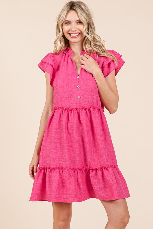 Ruffle Cap Sleeve Babydoll Dress (Fuchsia)