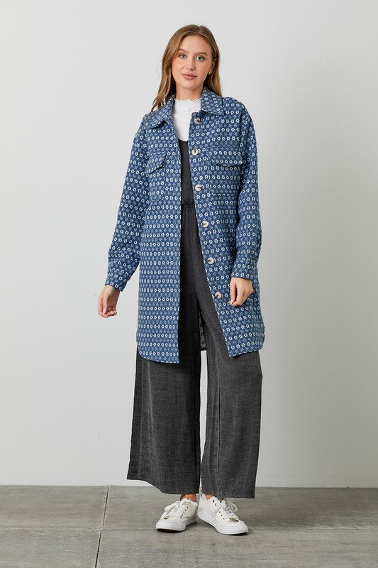 Blue &  White Patterned Fall Shacket