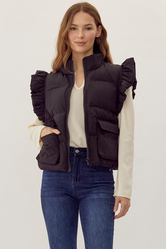 Ruffle Sleeve Puffer Vest w/ Pocket (Plus Size - Black)