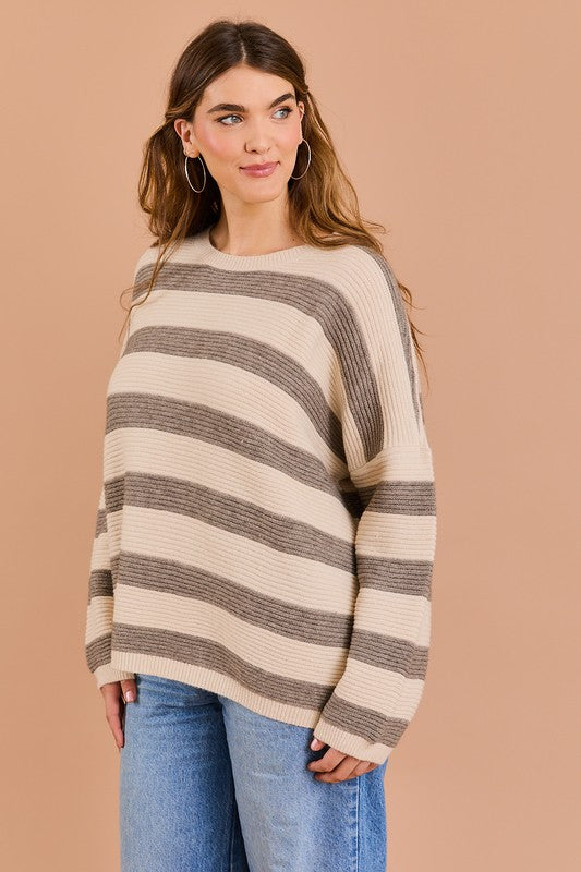 Drop Shoulder Striped Pullover Sweater