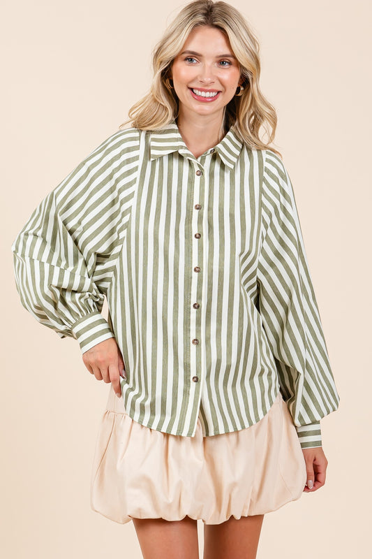 Olive Stripe Poet Sleeve Button Front Top