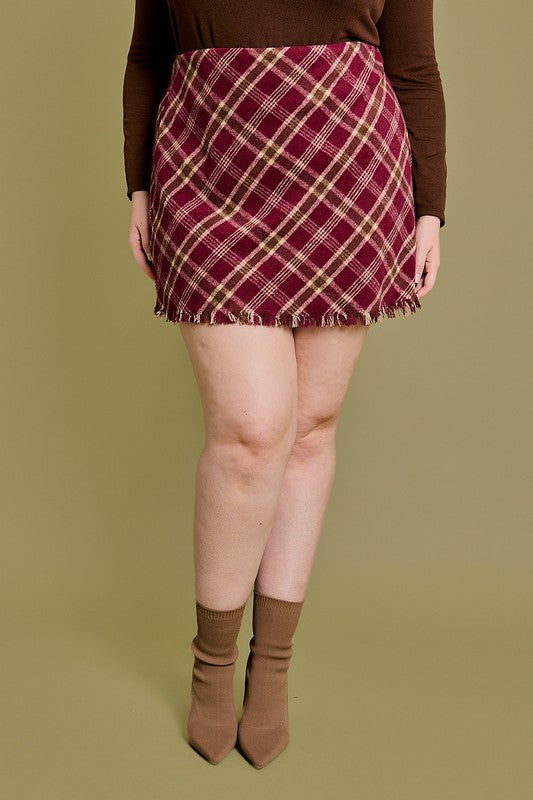 Bias Plaid Frayed Hem Mini Skirt (Plus Size)