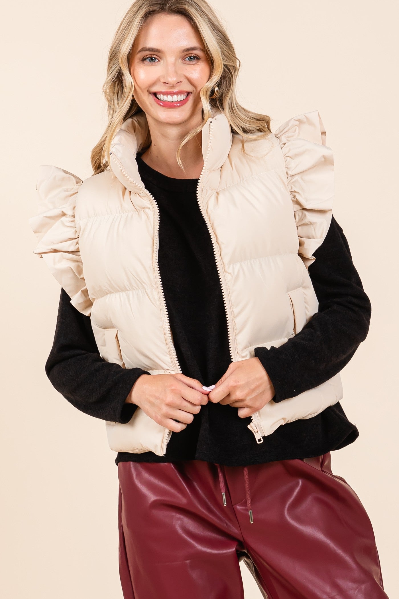 Ruffle Sleeve Puffer Vest (Beige)