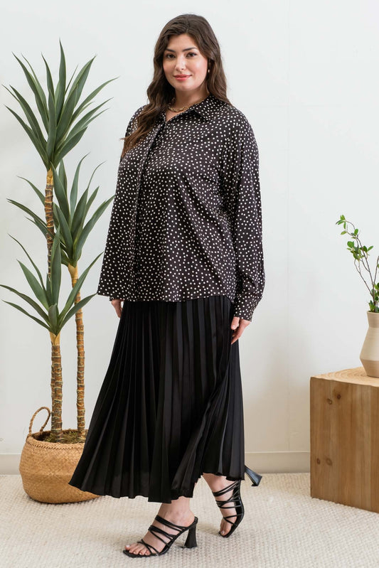 Polka Dot Long Sleeve Collared Shirt (Plus Size - Black)