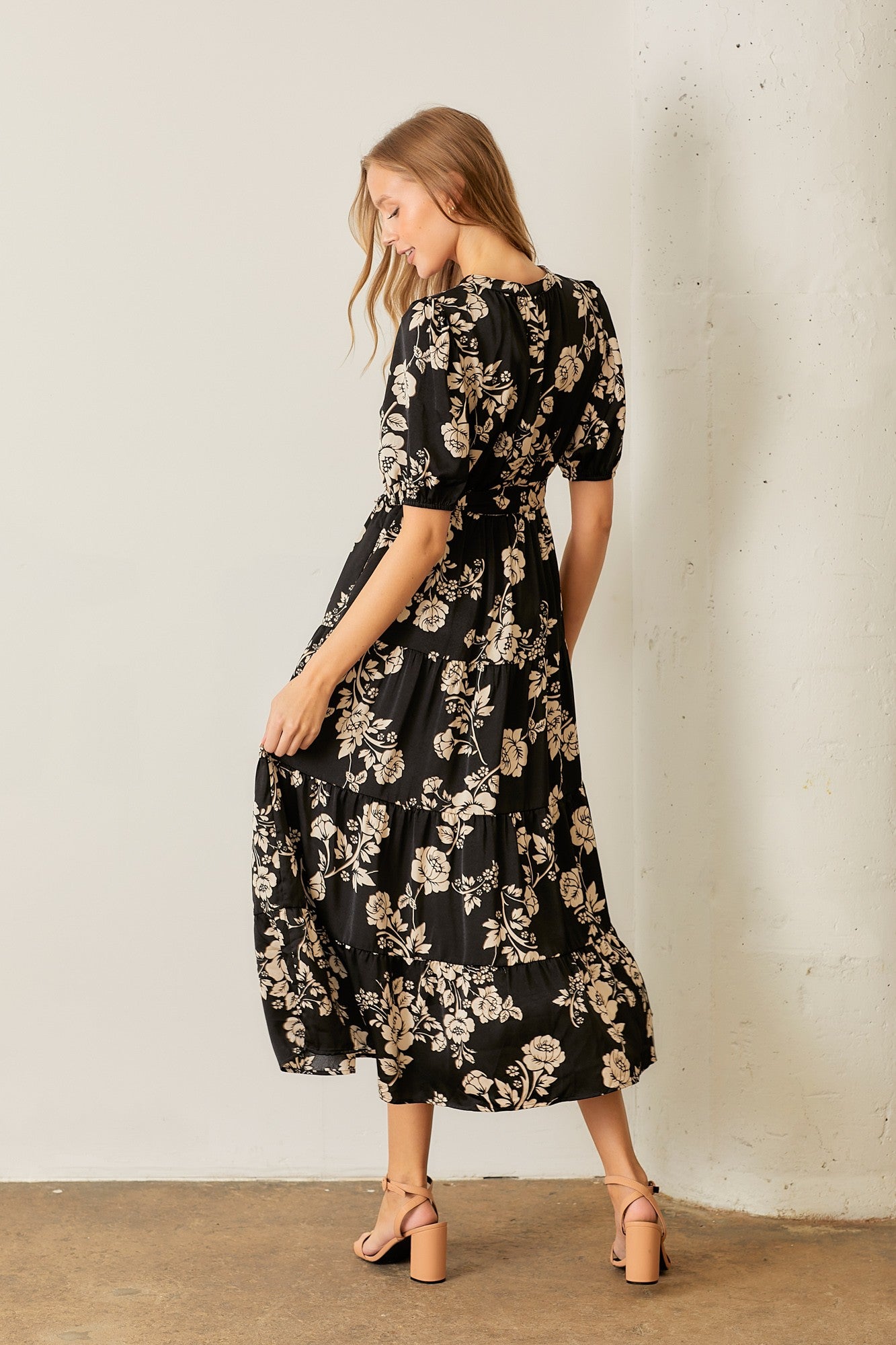 Satin Floral Print Button Front Tiered Maxi Dress