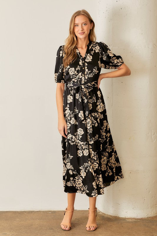 Satin Floral Print Button Front Tiered Maxi Dress