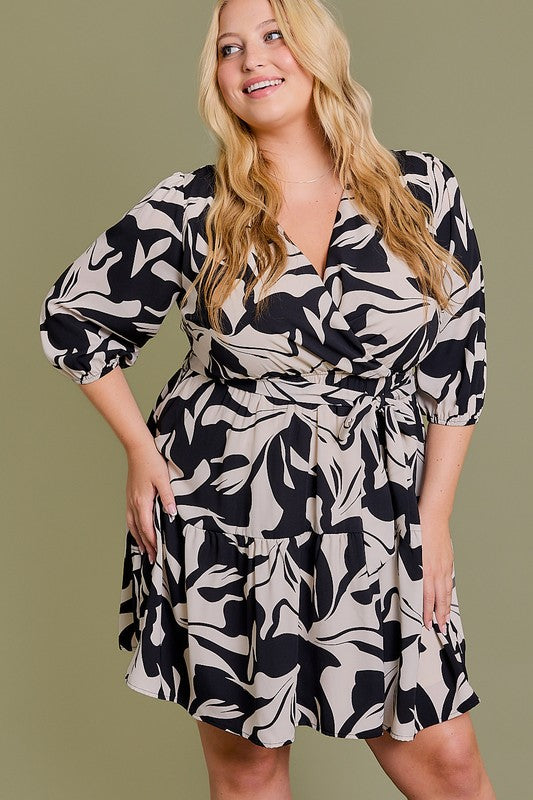 3/4 Sleeve Abstract Print Dress (Plus Size)